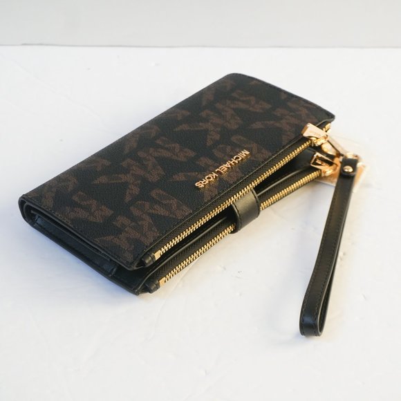 Michael Kors Jet Set Travel Graphic Logo Double Zip Wristlet MK Brown Black - Picture 3 of 8